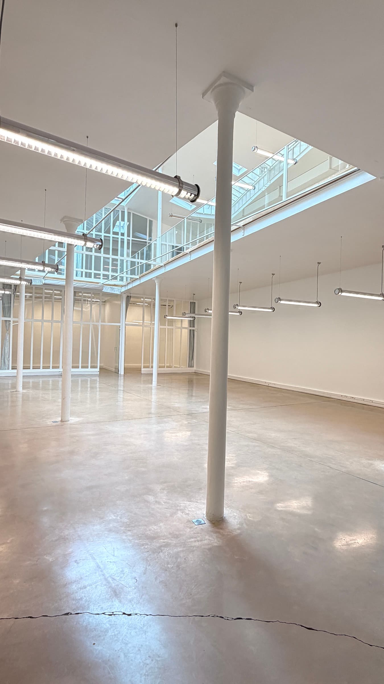 Colonne en fonte au centre du plateau, trémie double hauteur et mezzanine vitrée